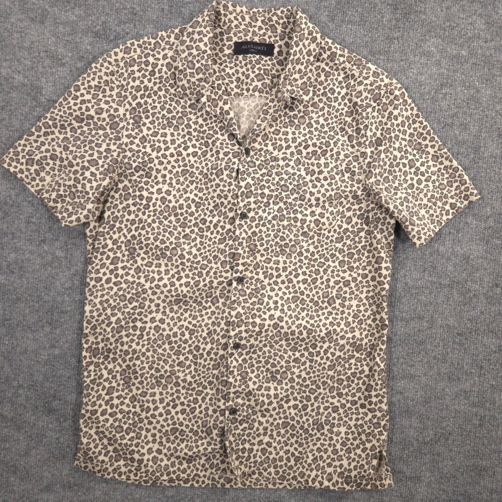 ALLSAINTS Camp Shirt Mens S Leopard Print AOP Loop Collar Short Sleeve Resort